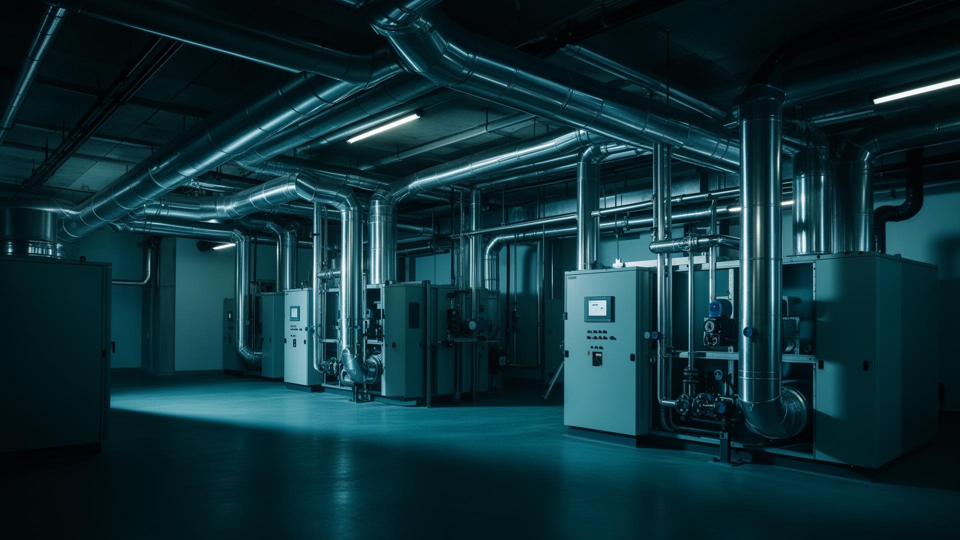 Cuarto técnico HVAC con ductería y unidades manejadoras de aire