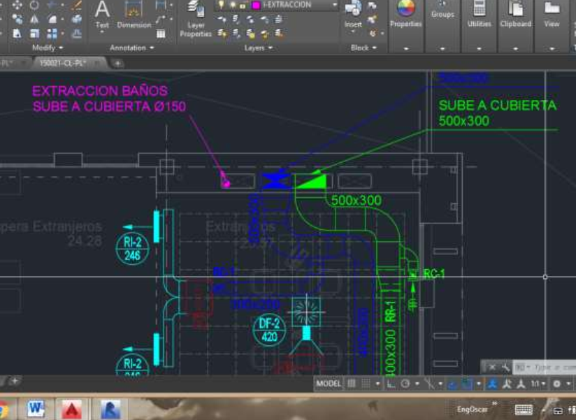 Planimetría CAD de extracción y ductería HVAC - proyecto real